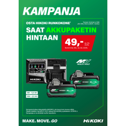 Hikoki Akkupaketti runkokoneen ostajalle hintaan 49€ | Koskee vähintään 159€ arvoisia runkokoneita | 2 kpl MULTI VOLT-akkuja ja pikalaturi UC18YSL3