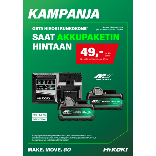 Hikoki Akkupaketti runkokoneen ostajalle hintaan 49€ | Koskee vähintään 159€ arvoisia runkokoneita | 2 kpl MULTI VOLT-akkuja ja pikalaturi UC18YSL3