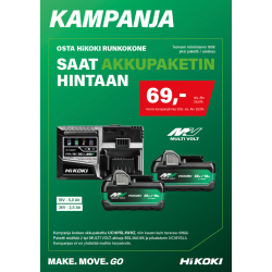 Hikoki Akkupaketti runkokoneen ostajalle hintaan 69€ | Koskee vähintään 165€ arvoisia runkokoneita | 2 kpl MULTI VOLT-akkuja ja pikalaturi UC18YSL3
