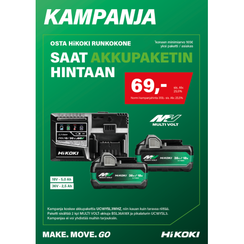 Hikoki Akkupaketti runkokoneen ostajalle hintaan 69€ | Koskee vähintään 165€ arvoisia runkokoneita | 2 kpl MULTI VOLT-akkuja ja pikalaturi UC18YSL3