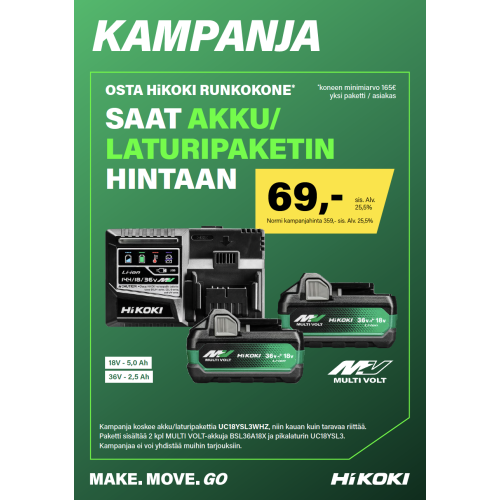 Hikoki Akkupaketti runkokoneen ostajalle hintaan 69€ | Koskee vähintään 165€ arvoisia runkokoneita | 2 kpl MULTI VOLT-akkuja ja laturi UC18YSL3